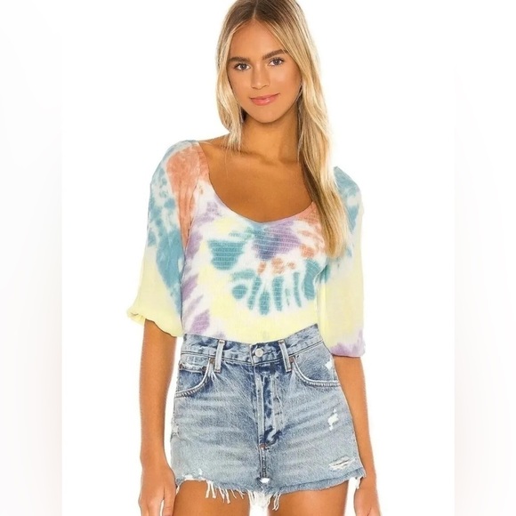 CHASER Small Top Smocked Double V Peasant Tie Dye Shirt Nice Condition! - Picture 1 of 8